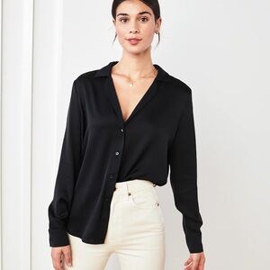 Quince Washable Stretch Silk Notch Collar Blouse in Black Size Small